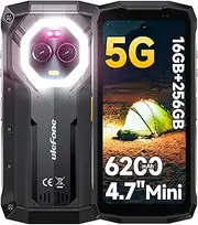 Ulefone Armor Mini 20 Pro 5G Rugged Smartphone, 16GB+256GB 6200mAh, 64MP Night Vision+50MP+32MP Camera, 4.7" Android 14 Unlocked Cell Phone, Versatile LED Light IP68/IP69K Dual SIM NFC GPS IR Blaster