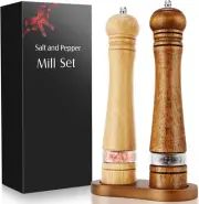Wooden Salt and Pepper Grinder Set 2 Pcs Large 10" Refillable Pepper Mills With