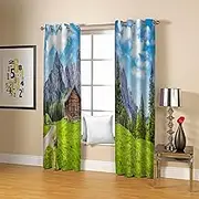 Print Blackout Curtains High Mountain Houses 2 x W132cm x D183cm 3D Print Window Curtains, Thermal Insulated Darkening Grommet Drapes 2 Panel Set for Living Room Bedroom Kitchen Decor
