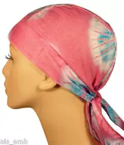 Skull Cap Tie Dye Pink Blue Rainbow Motorcycle Biker Doo Rag Patient Head Wrap