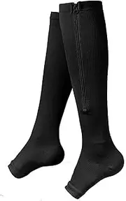 Zipper Compression Socks for Women and Men - Toeless Thigh High Open Toe with Zipper, Easy On/Off, Ideal for Pain Relief and Improved Circulation (Black) (S/M)