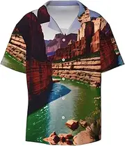 [YANYU] Grand Canyon Print Hawaiian Shirts Men Short Sleeve Button Down Cuban Collar Shirt Summer Beach Days