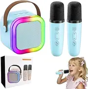 Aohcae Karaoke Machine Children, Mini Karaoke Set with 2 Microphones, with LED Light and Voice Change Effects, Toy for 3-12 Years Old Girls Gifts, Girls (Blue)