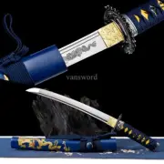 Carbon Steel Japanese Tanto Blue Carved Blade Mini Sword Dragon Tsuba Full Tang.