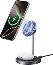UGREEN MagFlow Qi2 Wireless Charger, 15W 2-in-1 Magsafe Charge Stand, Magnetic Station with 1M USB-C Cable for iPhone 16/15/14/13/12 Series and AirPods 4/3/2/Pro (No AC Adapter)