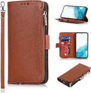 Cavor for Samsung Galaxy S22 Case,PU Leather Zip Pocket Wallet Flip Cover Case Magnetic Closure Book Design with Kickstand Feature & Card Slots Compartment for Samsung Galaxy S22 5G (6.1")-Brown