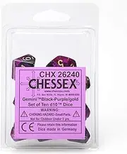 Chessex Gemini D10 Polyhedral 10 Dice Set, Black-Purple/Gold