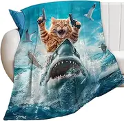 [Nuyhgtr] Shark Throw Blanket, Cat Riding Shark Blanket, Bed Throw for Travel, Soft Bed Throw Blanket, Home Decor Blanket, Large Sofa Blanket, Cat Shark Home Decoration for Couch