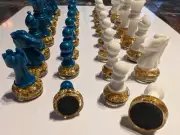Chess Piece set - Turquoise Luster and Ultra White W Gold Leaf Base, No Board