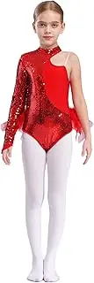 [Loodgao] Kids Girls Sequins Short Jumpsuit Asymmetrical Shoulder Long Sleeve Feather Tulle Skirted Leotard Unitard