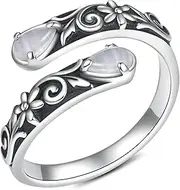 [BEILIN] Natural Moonstone Rings for Women Adjustable 925 Sterling Silver Sunflower Thumb Ring Gemstone Rings Vintage Jewelry Gifts, Metal, Moonstone
