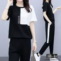 在飛比找momo購物網優惠-【JILLI-KO】兩件套幾何色塊印花運動休閒套裝-F(黑)