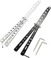HUACHENG Butterfly knife trainer , stainless steel training tool for training and practice , durable folding Black and Silver, Set of 2 (With 2 accessories)