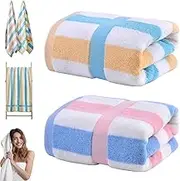 Striped Bath Towels 2Pcs 28x55 Inch Strong Absorbent Cotton Bath Towels Soft & Skin-Friendly for Bathroom, Beach-