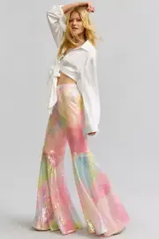 NWT ANTHROPOLOGIE HUTCH OMBRE RAINBOW SEQUIN EXTREME FLARE STATEMENT PANTS 14