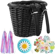 Bike Basket Kids,Natural Wicker Basket Front Handlebar - Wicker Front Handlebar Bike Basket Cargo with Bell and 2 Streamers, Various Interesting Stickers, Black, for Kids