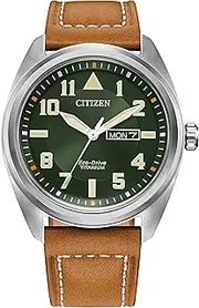 [CITIZEN] Men's Sport Casual Garrison 3-Hand Day/Date Eco-Drive Watch, Arabic Markers, Super Titanium®, Sapphire Crystal, Field Watch, Brown Strap/Green Dial, One Size, Brycen