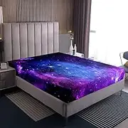 Blue Purple Galaxy Bed Sheet Single for Children Starry Sky Fitted Sheet Space Universe Cosmos Non-Slip Soft Microfiber Youth Fitted Sheet Milky Way Galaxy