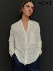 White/Ecru Button Up Open Stitch Collared Knitted Shirt Jumper (E94237) | $43