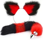 Anal Plug Butt Plug, 2Pcs/Set Sex Fox Tail Anales Plug Toys Butt Plugs with Cat Ears Headband Anal Sex Toys for Women Man Beginners Adult Couples Bondage, Black/Red