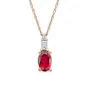 Oval Ruby and 0.05 CT. T.W. Baguette and Round Natural Diamond Stacked Top Accent Pendant in 10K Rose Gold