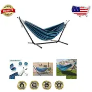 Cozy Double Cotton Hammock with Tool-Free Stand and Carry Bag - Blue Lagoon