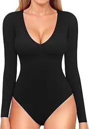 [ZPLxi] Women's Deep V Neck Long Sleeve Bodysuits Tops Stretchy Slimming Going Out Button Thong Body Suits Fall Casual Romper