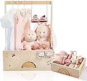 Ikubigu Wooden Baby Shower Crate Closet Set, Shower Party Basket with Handle and Swing, Large Capacity Baby Storage Crate, Newborn Baby Gifts Basket for Pregnancy New Parent (2 PCS)
