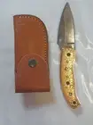 Luxury Handmade Damascus Folding Knife Decorated Engraved Brass Handle Sheath
