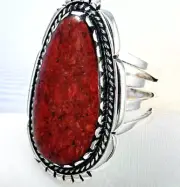 Natural Coral Solitaire Ring 9 in 925 Sterling Silver 8.90 Grams