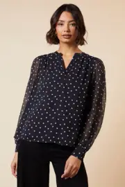 Dorothy Perkins Womens Top Mono Chiffon Mono Spot Overhead Shirt Long Sleeves