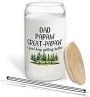 BEHIFL Pregnancy Announcement for Dad Papaw Great-Papaw Glass Cup with Lids and Straws 14oz, Grandpa Announcement Gifts Glass Coffee Tumbler Drinking Jars with Cleaning Brush