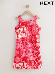 Red Shell Print Scoop Back Mini Shift Dress With Linen (H44287) | $60