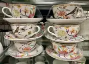 Grace Teaware Flowers and Birds Porcelain Six (6) Latte Cups and Saucer Set NWT