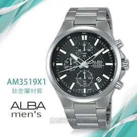 CASIO時計屋 ALBA 雅柏手錶 AM3519X1 三眼計時男錶 鈦金屬錶帶 黑 防水100米 日期顯示 分段時間 全新品 保固一年 開發票