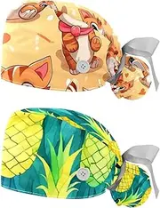 [YTYVAGT] 2-Pc,Nurse Scrub Caps,Scrub Hats with Buttons and Cotton Sweatband,Floral Happy Tiger