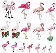 Tofficu 16pcs Flamingo Embroidery Patches Set DIY Iron Clothing Patch Stickers for Repair Decoration for Jeans Bags Hats and More