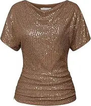 [Generic] Womens Regular Fit Full Sequin Sexy Tops - Glitter Party Shirt Crew Neck Short Sleeve Sparkle Blouses T-Shirt - Women Velvet Sequin Round Neck Short Sleeve Tunic Shirt for Party Clubwear Blouse