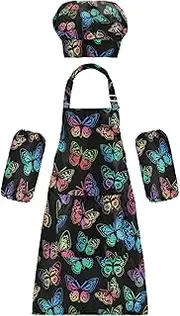 AIXIWAWA Kids Apron Chef Hat Set, Child Kitchen Bib Aprons Adjustable for Cooking Baking Painting (Butterflies Pattern)