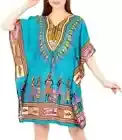 African Short Kaftan Dress Women Caftan Beach Size Boho Maxi Hippie Dashiki Teal