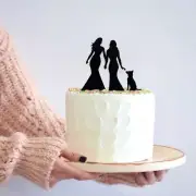 Silhouette Two Brides Holding Hand & Dog Cake Topper LGBT Lesbian Wedding Decor