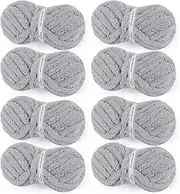 8 Jumbo Packs Chunky Chenille Yarn for Crocheting, 31.7 yds, 8 oz Each Skein Bulky Thick Fluffy Yarn for Knitting, Super Bulky Chunky Yarn for Hand Knitting Blanket, Soft Plush - Light Grey
