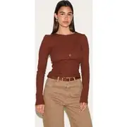 Chocolate Waffle Asymmetric Button Up Long Sleeve Top, Chocolate