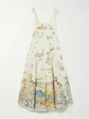[ALÉMAIS] ALÉMAIS - + Anouk Colantoni Ballet Tie-detailed Printed Shirred Linen Dress - Cream - US6 US 6 Cream