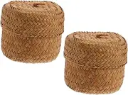 Parliky 2pcs Hand Woven Seagrass Storage Basket Lid Wicker Basket Handle Elegant Desktop Organizer