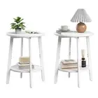 Side Table Set of 2, Small Round End Table with Storage Shelf for White 2 Set