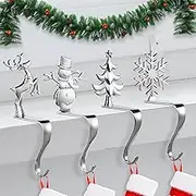 Christmas Stocking Holders for Mantle Set of 4, Weighted Stocking Hangers Hooks for Mantel, Silver Snowflakes Snowman Christmas Tree Deer Stocking Stand for Fireplace Book Shelf Staircase Decorative