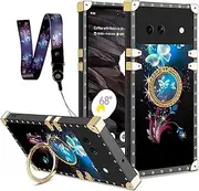Case for Google Pixel 7a (6.1-inch), Case for Google Pixel 7a Girls Women Butterfly Black Fantasy Square Cover with Ring Stand Lanyard Drop Protector Cover for Google Pixel 7a - Butterfly Darkblue