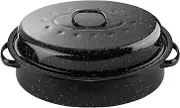 DIMESHY 16Inch Roasting Pan, Enamel on Steel, Black Covered Oval Roaster Pan with Lid, Medium Cookware for Turkey, Small Chicken, Roast Baking Pan.