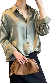 [Hcclijo] Spring Satin Shirt Elegant Slim Blouse for Women Loose Open Stitch Tops Korean Turn-Down Collar Clothing